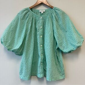100% Cotton Mint Eyelet Puff Sleeve Button Down Blouse